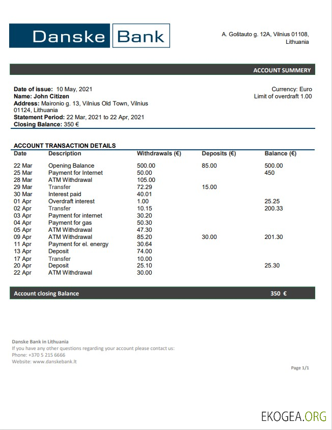Relevé de la Danske Bank de Lituanie (Litva)